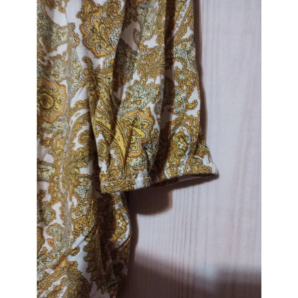 Michael‎ Kors Womens 1X Yellow Paisley Scoop Neck 3/4 Sleeve Blouse Top